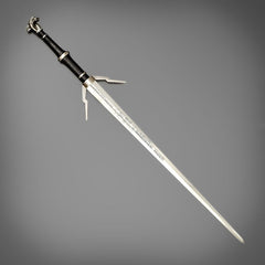 The Witcher 3: Geralt of Rivia Silver Sword Replica – High Carbon Steel Monster Slayer Blade with Twin Wolf Pommel