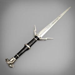 The Witcher 3: Geralt of Rivia Silver Sword Replica – High Carbon Steel Monster Slayer Blade with Twin Wolf Pommel
