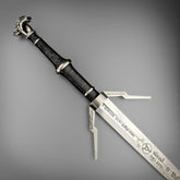 Geralt of Rivia Silver Sword replica from The Witcher 3 with twin wolf pommel and engraved runes on high carbon steel blade.