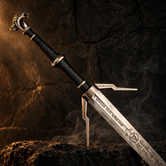 Geralt of Rivia Silver Sword replica from The Witcher 3 with twin wolf pommel and engraved runes on high carbon steel blade.