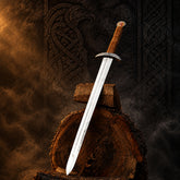 Serpent Sword replica, medieval display piece on carved Norse stone backdrop