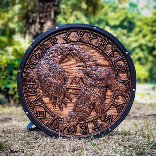 Raven Viking Shield | Hand-Carved Norse Round Wall Decor