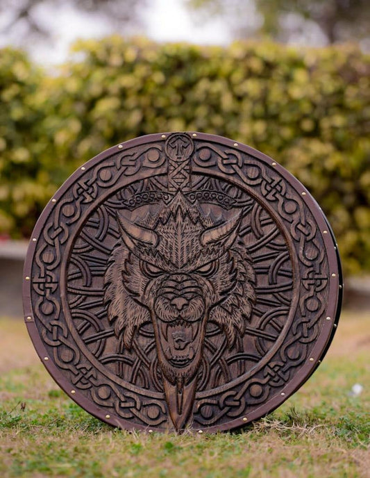 Handmade Viking Wolf Shield | Norse Round Fenrir Shield | Medieval LARP & Cosplay Shield | Viking Wall Decor