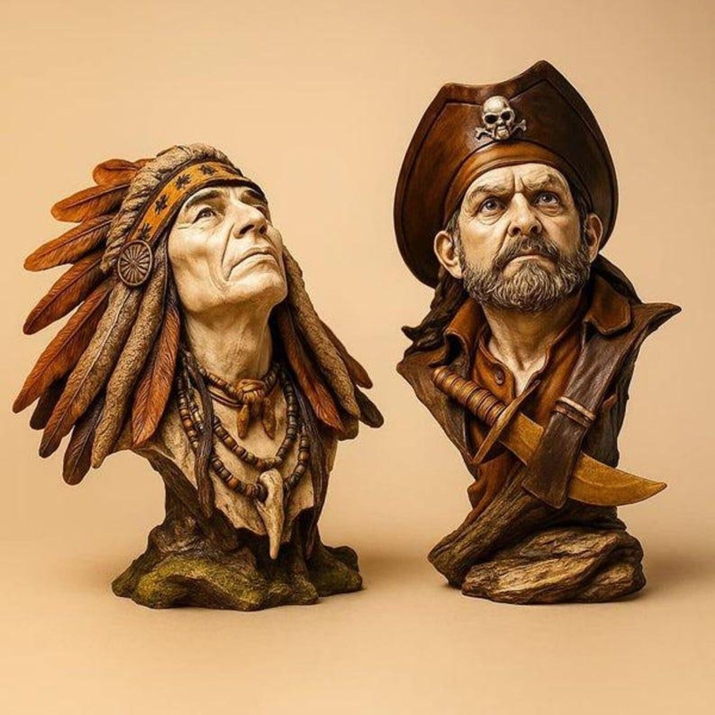 Handmade Pirate & Native American Statue Set: Cultural Decor