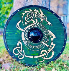 Handcrafted Viking Shield - Norse Dragon & Runes Wooden Round Shield