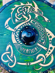 Handcrafted Viking Shield - Norse Dragon & Runes Wooden Round Shield