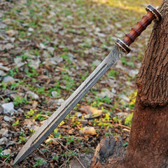Hand Forged Damascus Steel Greek Falcata Short Sword – Custom Handcrafted Kopis Sword with Carved Rosewood Handle & Brass Accents