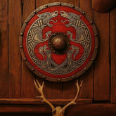 Handcrafted Red Viking Shield – Engraved Norse Wolf Design & Medieval Decor