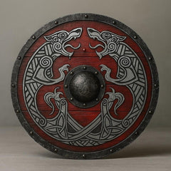 Handcrafted Red Viking Shield – Engraved Norse Wolf Design & Medieval Decor