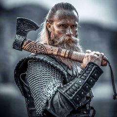 Hand-Carved Viking Axe | Carbon Steel Hatchet with Tribal Wooden Handle