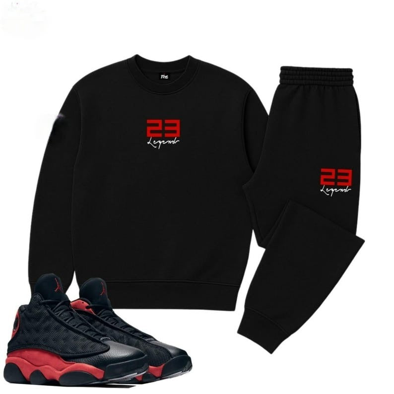 Men’s 23 Legend Black Sweatsuit Set To Match Jordan 13 Bred Crewneck Sweatpants