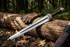 and Forged Celtic Leaf Blade Short Sword – High Carbon Steel Battle Ready Short Sword with Carved Antique Silver Fittings & Custom Leather Sheat