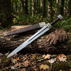 and Forged Celtic Leaf Blade Short Sword – High Carbon Steel Battle Ready Short Sword with Carved Antique Silver Fittings & Custom Leather Sheat