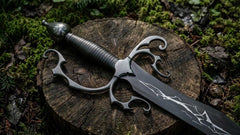Black Fantasy Scimitar Replica – Handmade Elven Curved Sword Display Piece with Lightning Etching