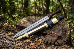 Hand Forged Roman Gladius Short Sword – High Carbon Steel Battle Ready Blade with Carved Wooden Hilt, Brass Accents & Custom Leather Sheath