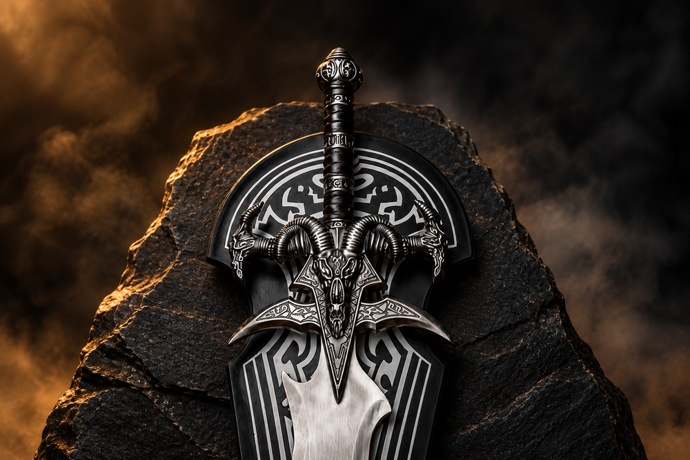 Frostmourne inspired runic sword replica on black wall display plaque