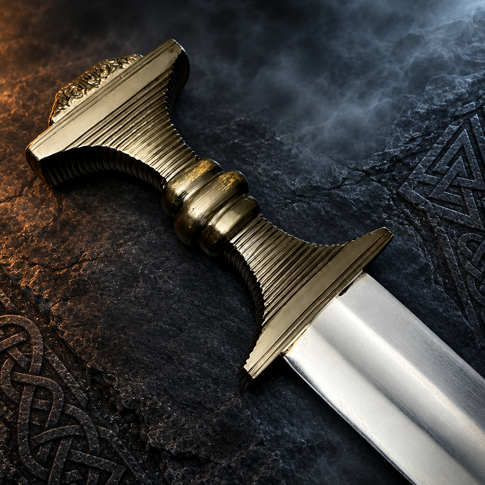 Anglo-Saxon sword replica – ribbed bronze-tone hilt detail