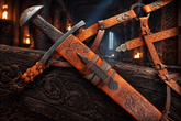 Ulfberht Viking sword replica – hand-tooled Norse leather scabbard