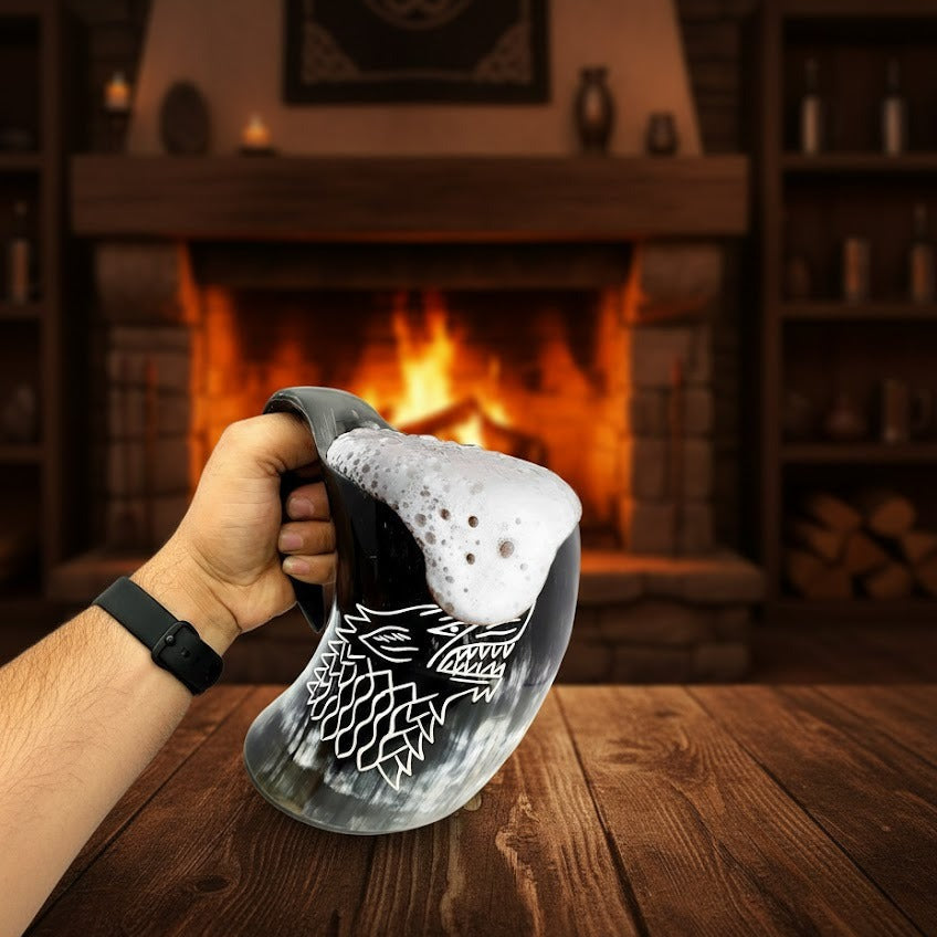 “Handcrafted Viking Drinking Horn Mug – Handmade Beer Stein, Unique Gift for Game of Thrones Fans”
