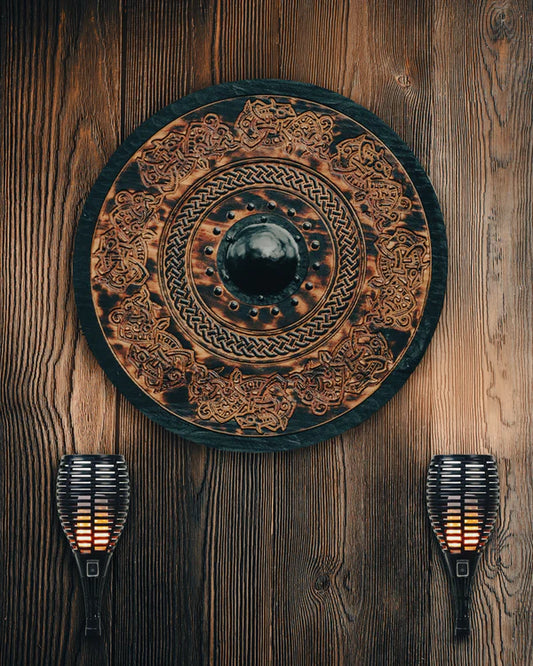 VW-4 Hand carved Dark Stained Drake Knotwork Viking Shield, 24" - Valknut Warriors