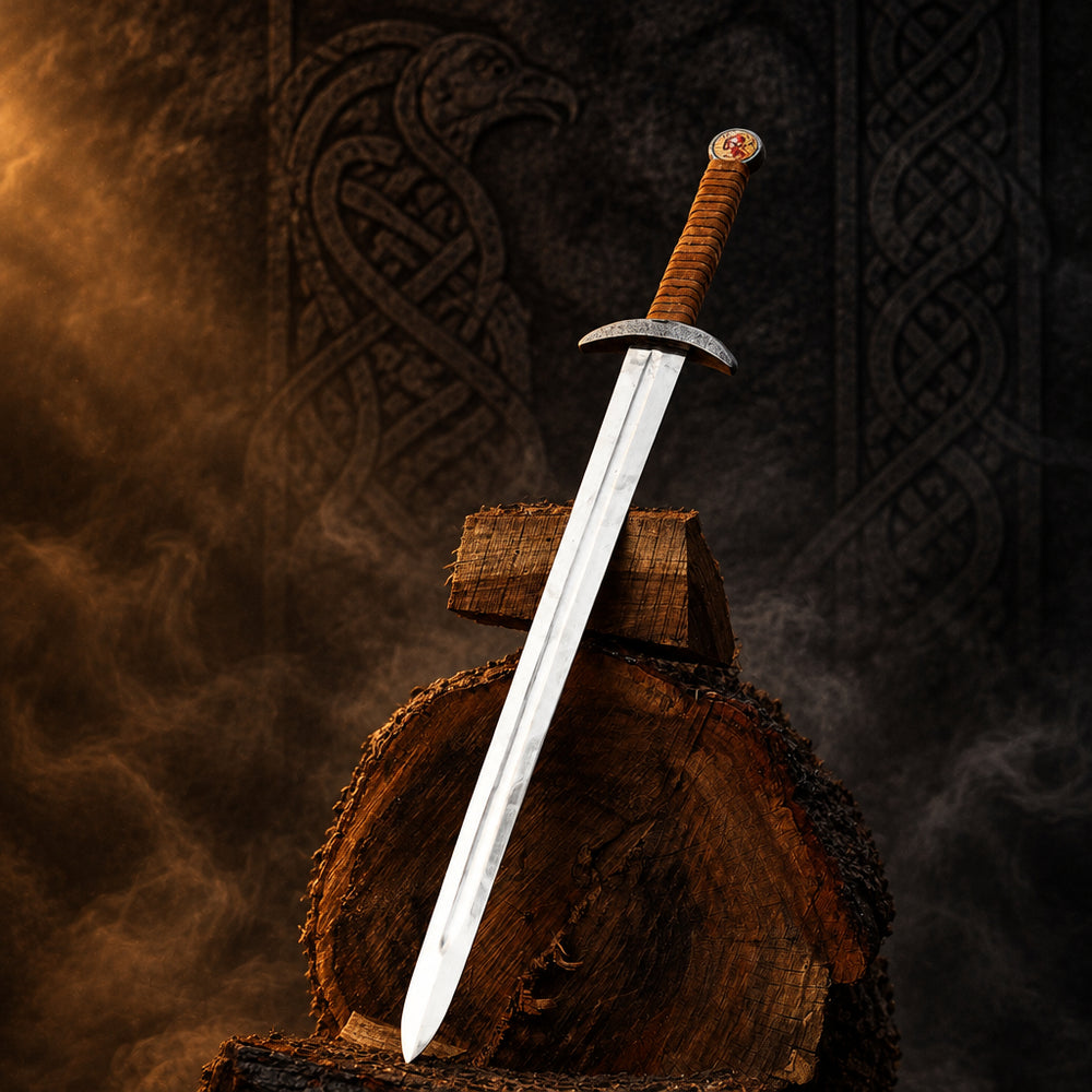 Serpent Sword replica, medieval display piece on carved Norse stone backdrop