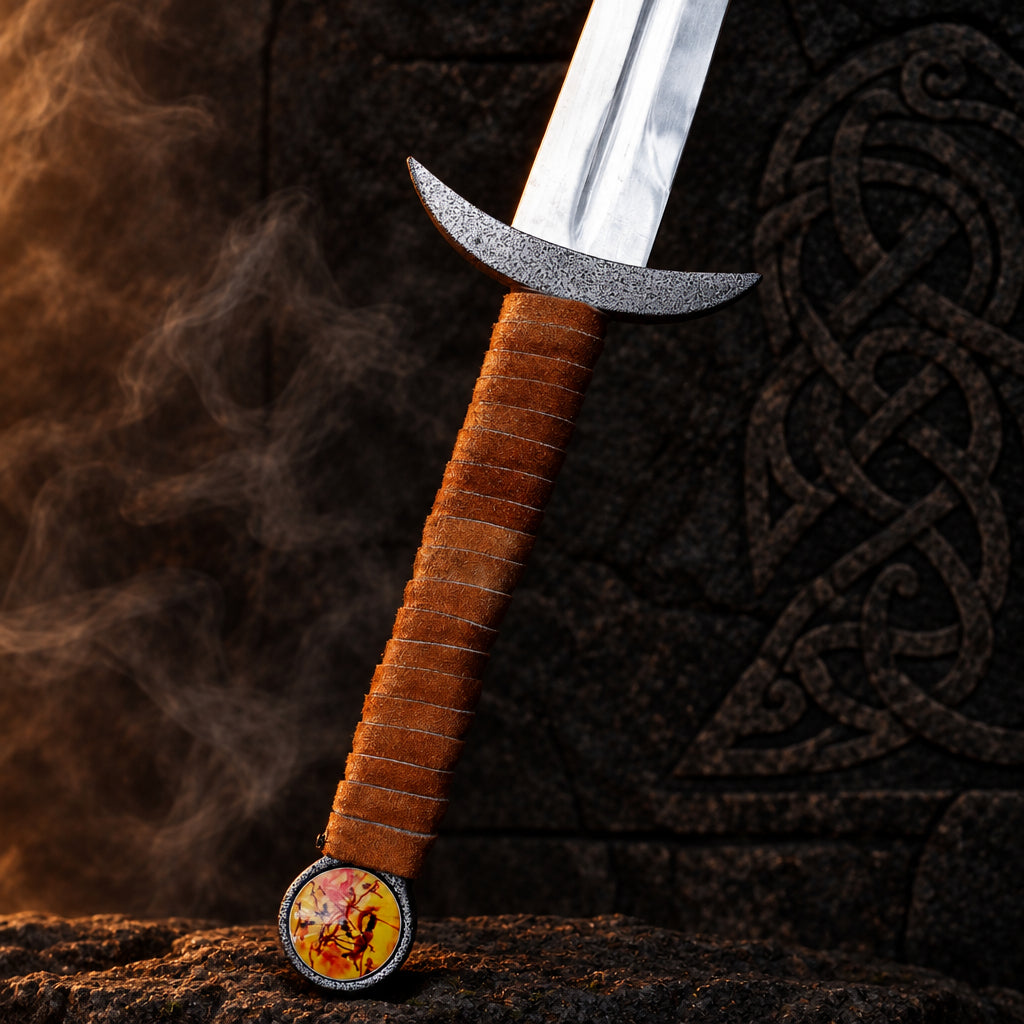 Serpent Sword replica – damascus-pattern guard, suede leather grip and serpent emblem pommel
