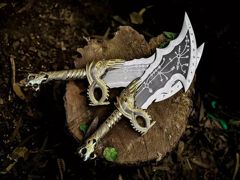 VW-58 God of war Blade of Chaos Metal, Gold Handle, Replica Blades, Twin Blades, Christmas Gift, Gift For him - Valknut Warriors