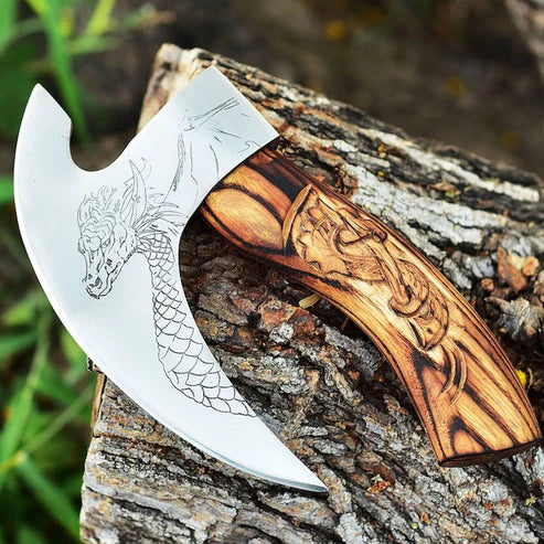 VW-48 Norse Dragon Pizza Axe, Handmade Viking Pizza Axe, Pizza Cutter, Wood Craved Handle Dragon Axe, Gift For Men, Halloween Gift, Christmas Gift - Valknut Warriors