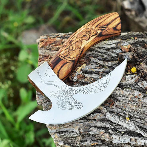 VW-48 Norse Dragon Pizza Axe, Handmade Viking Pizza Axe, Pizza Cutter, Wood Craved Handle Dragon Axe, Gift For Men, Halloween Gift, Christmas Gift - Valknut Warriors