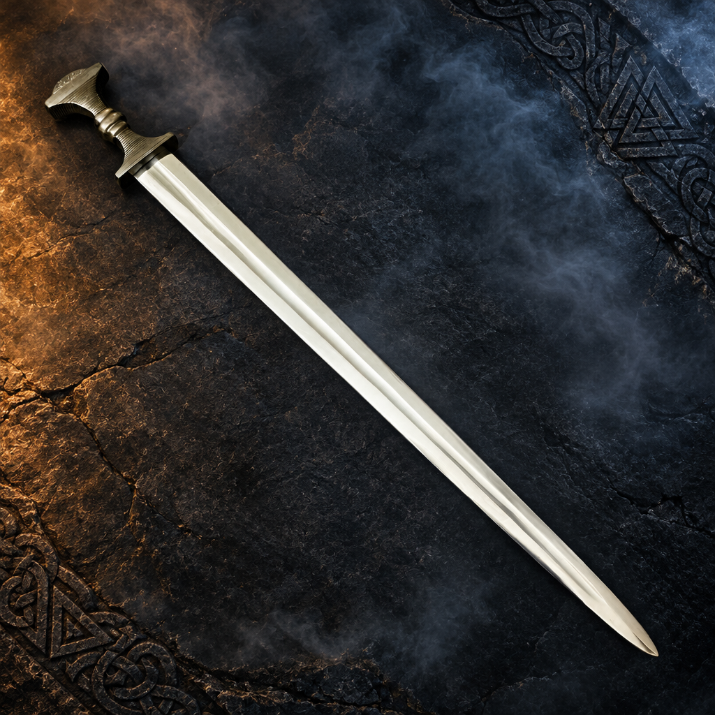 Anglo-Saxon sword replica display piece with ribbed bronze-tone hilt