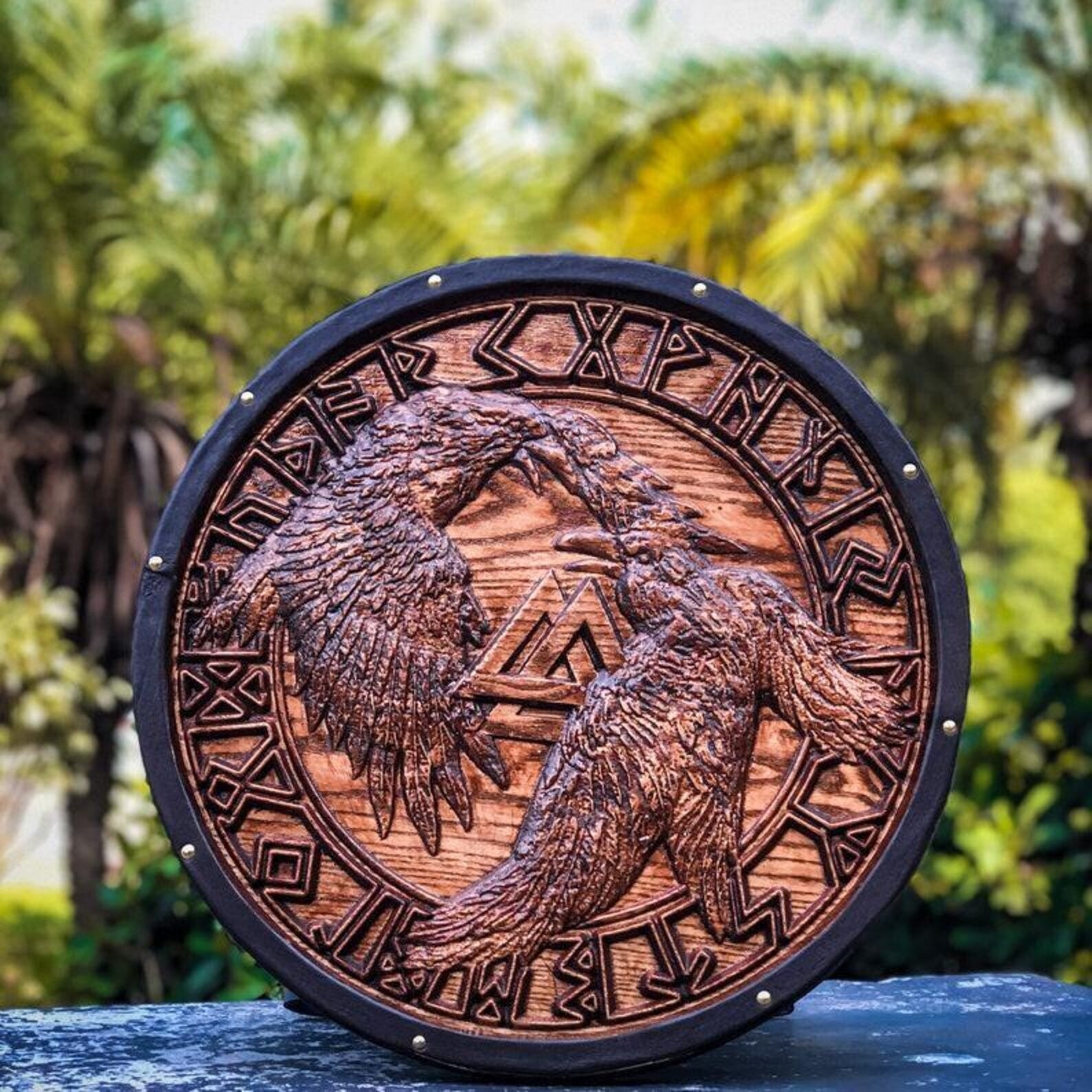 Raven Viking Shield | Hand-Carved Norse Round Wall Decor