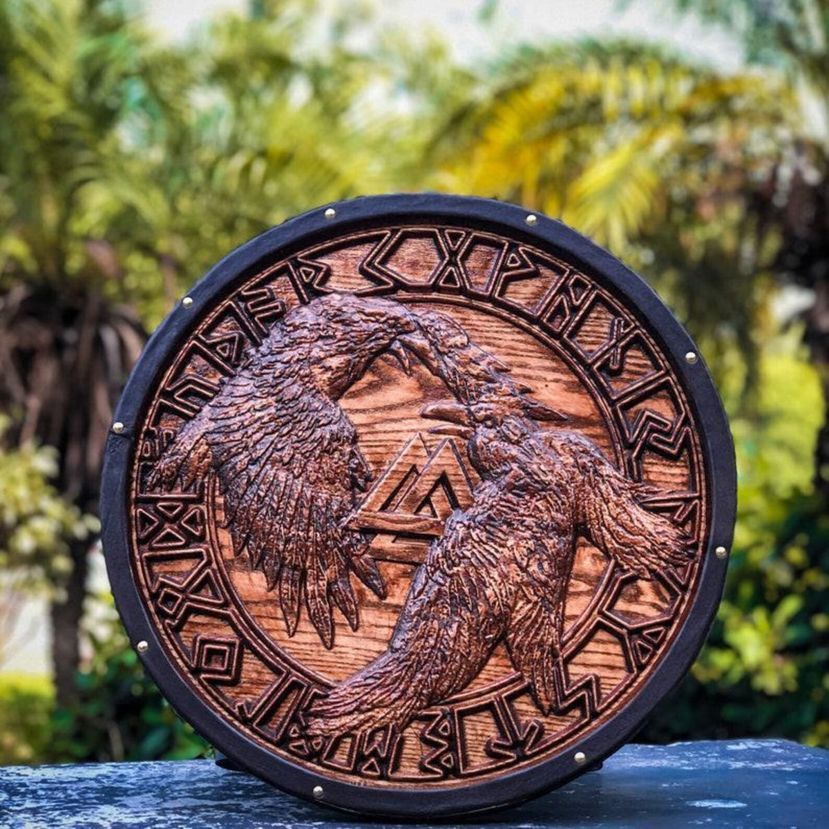 Raven Viking Shield | Hand-Carved Norse Round Wall Decor