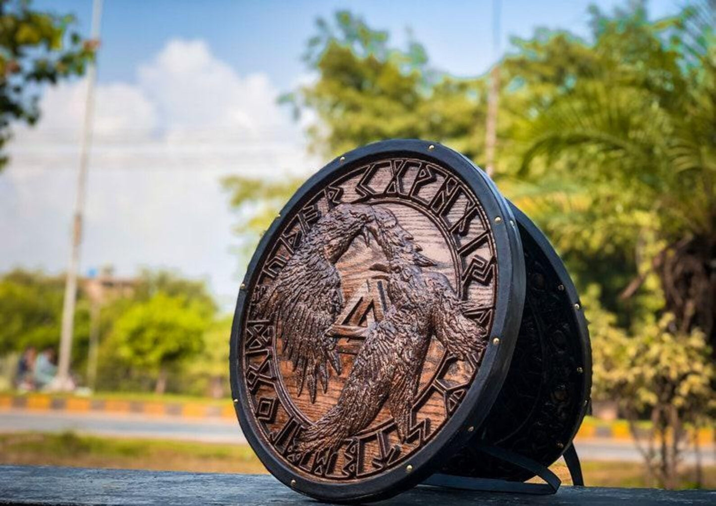 Raven Viking Shield | Hand-Carved Norse Round Wall Decor