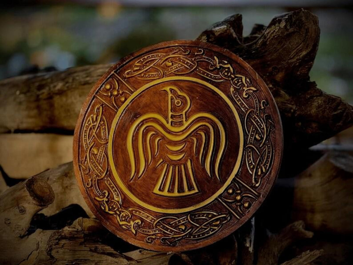 Hand-carved Viking raven shield