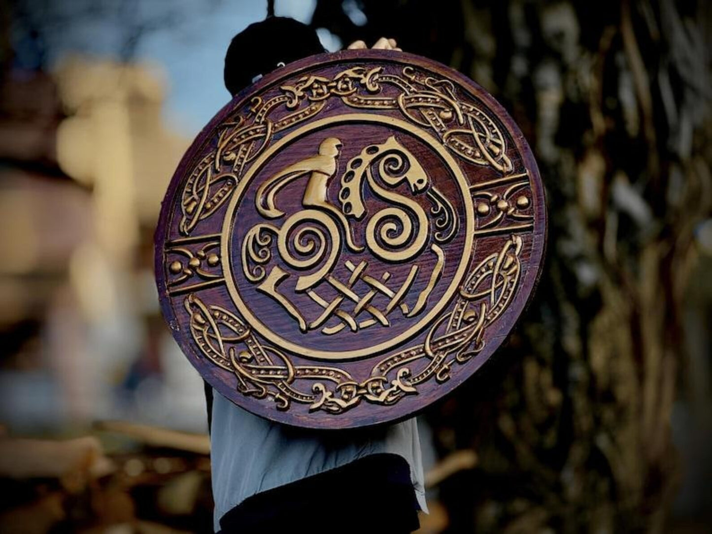 Hand-Carved Norse Wooden Shield Art