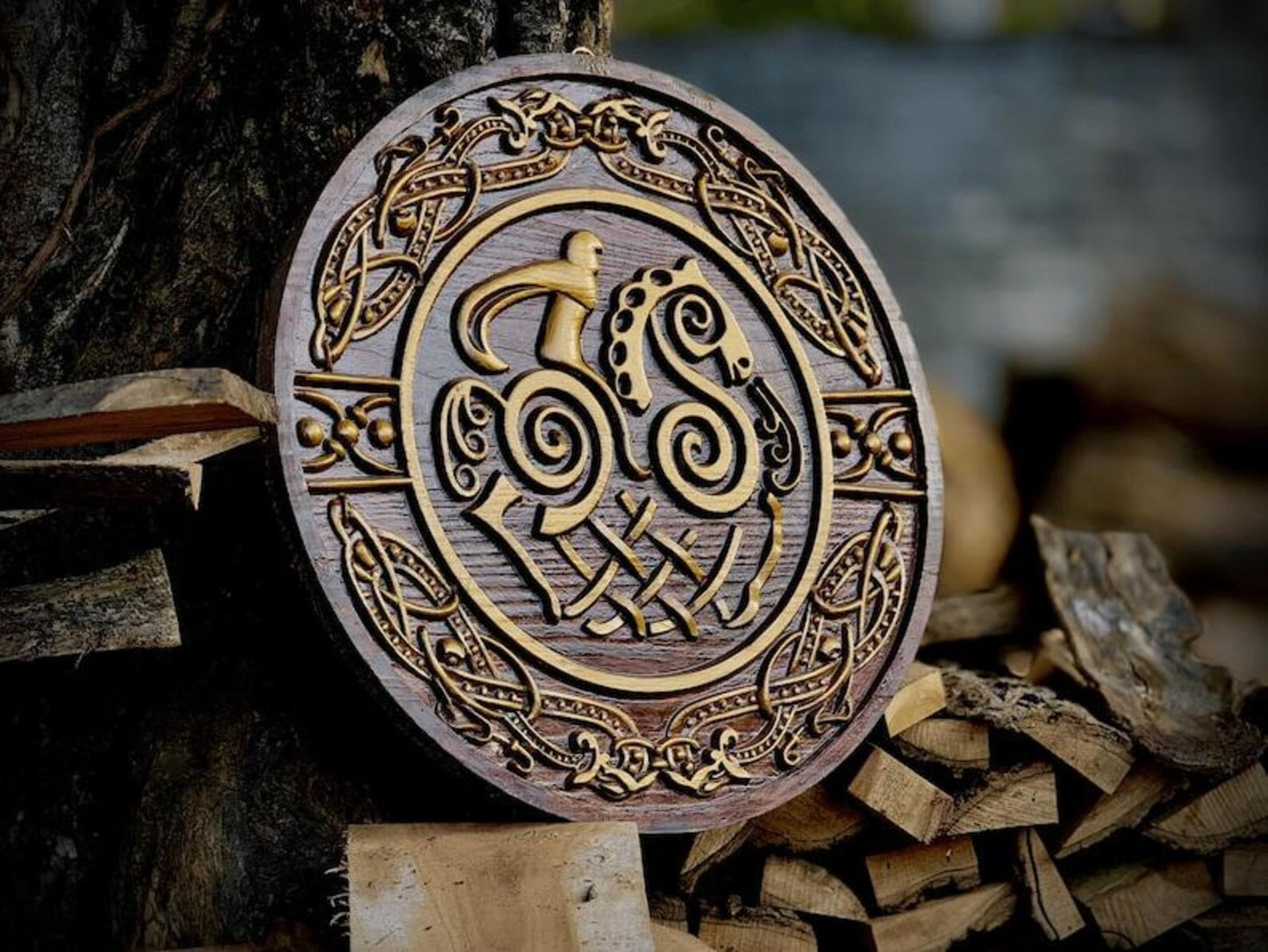 Hand-Carved Norse Wooden Shield Art