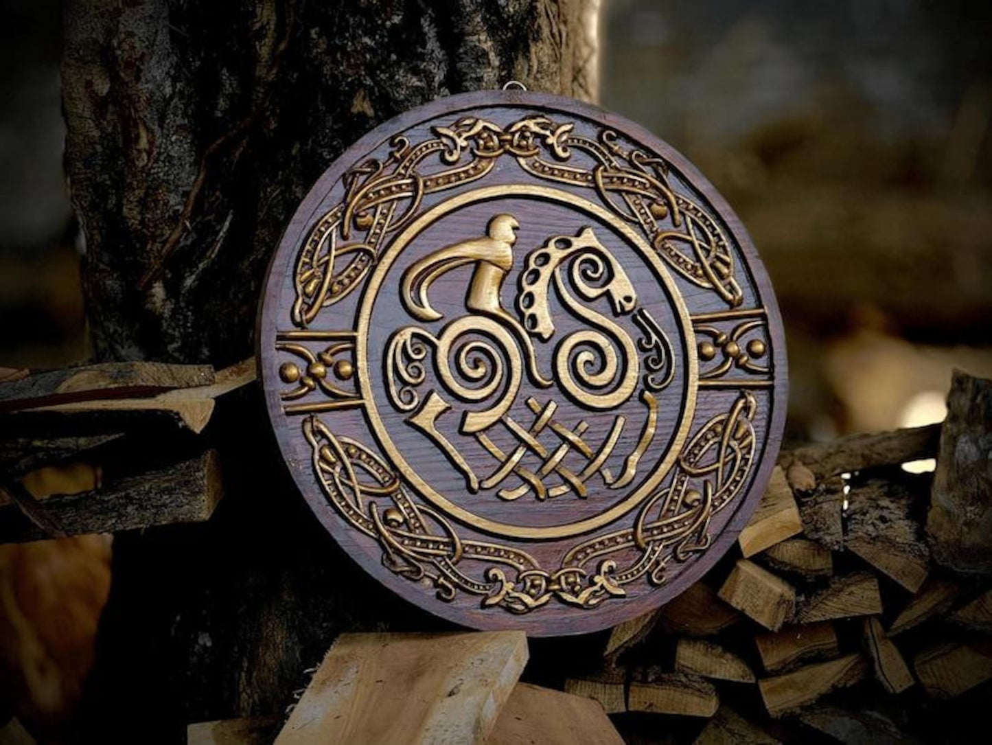 Hand-Carved Norse Wooden Shield Art