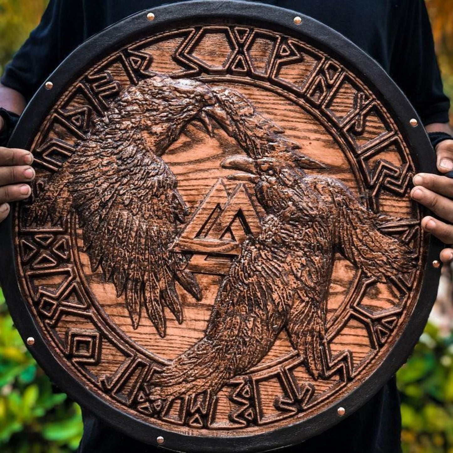 Raven Viking Shield | Hand-Carved Norse Round Wall Decor