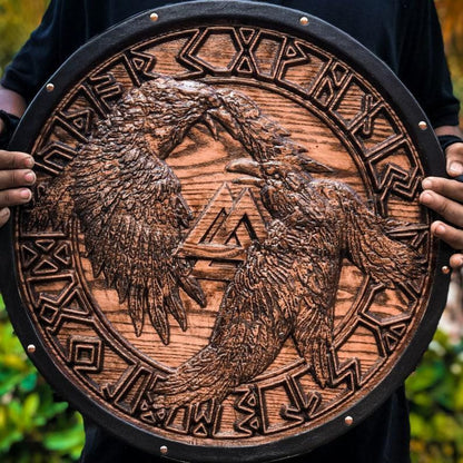 Raven Viking Shield | Hand-Carved Norse Round Wall Decor
