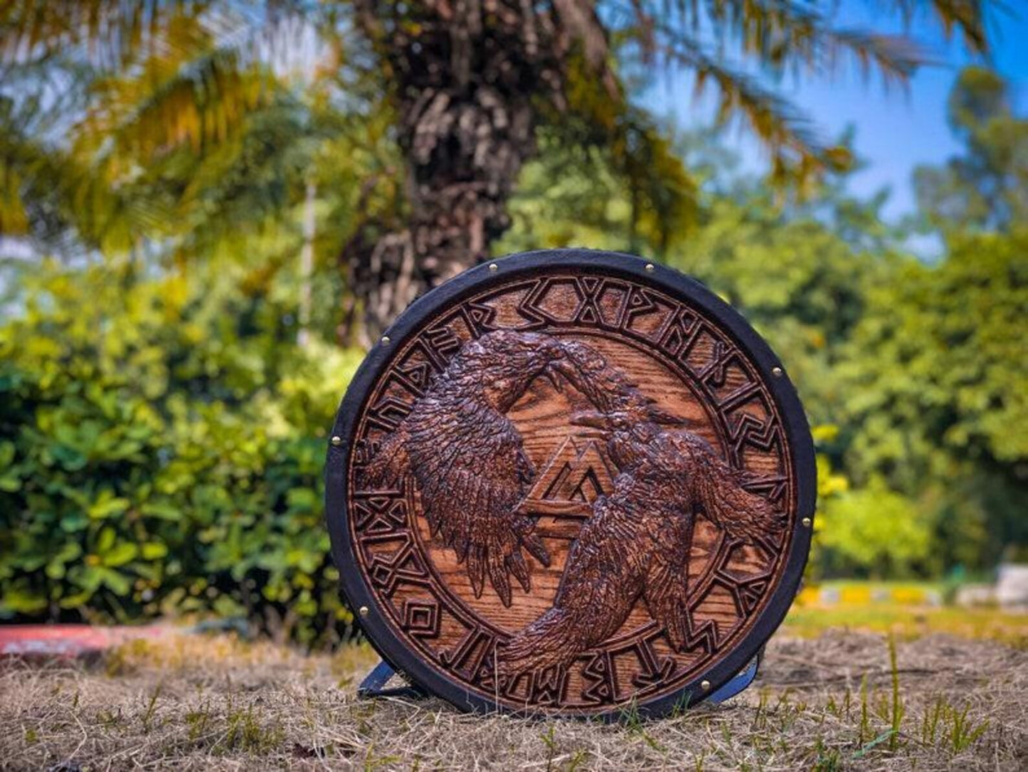 Raven Viking Shield | Hand-Carved Norse Round Wall Decor