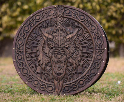 Handmade Viking Wolf Shield | Norse Round Fenrir Shield | Medieval LARP & Cosplay Shield | Viking Wall Decor