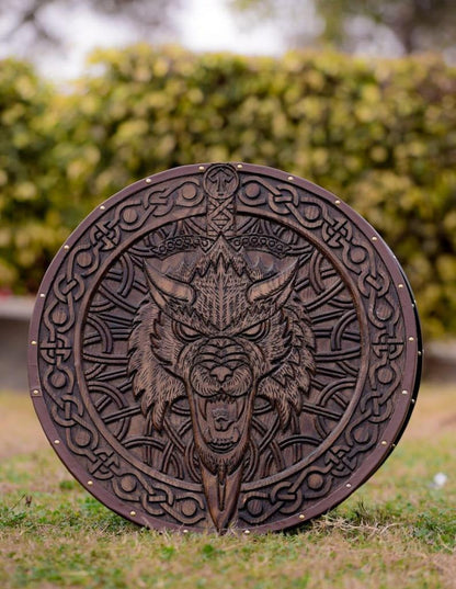 Handmade Viking Wolf Shield | Norse Round Fenrir Shield | Medieval LARP & Cosplay Shield | Viking Wall Decor
