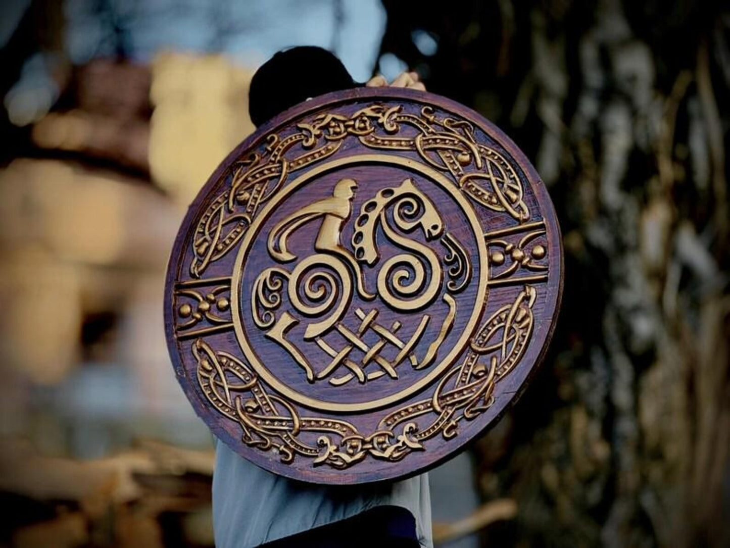 Hand-Carved Norse Wooden Shield Art