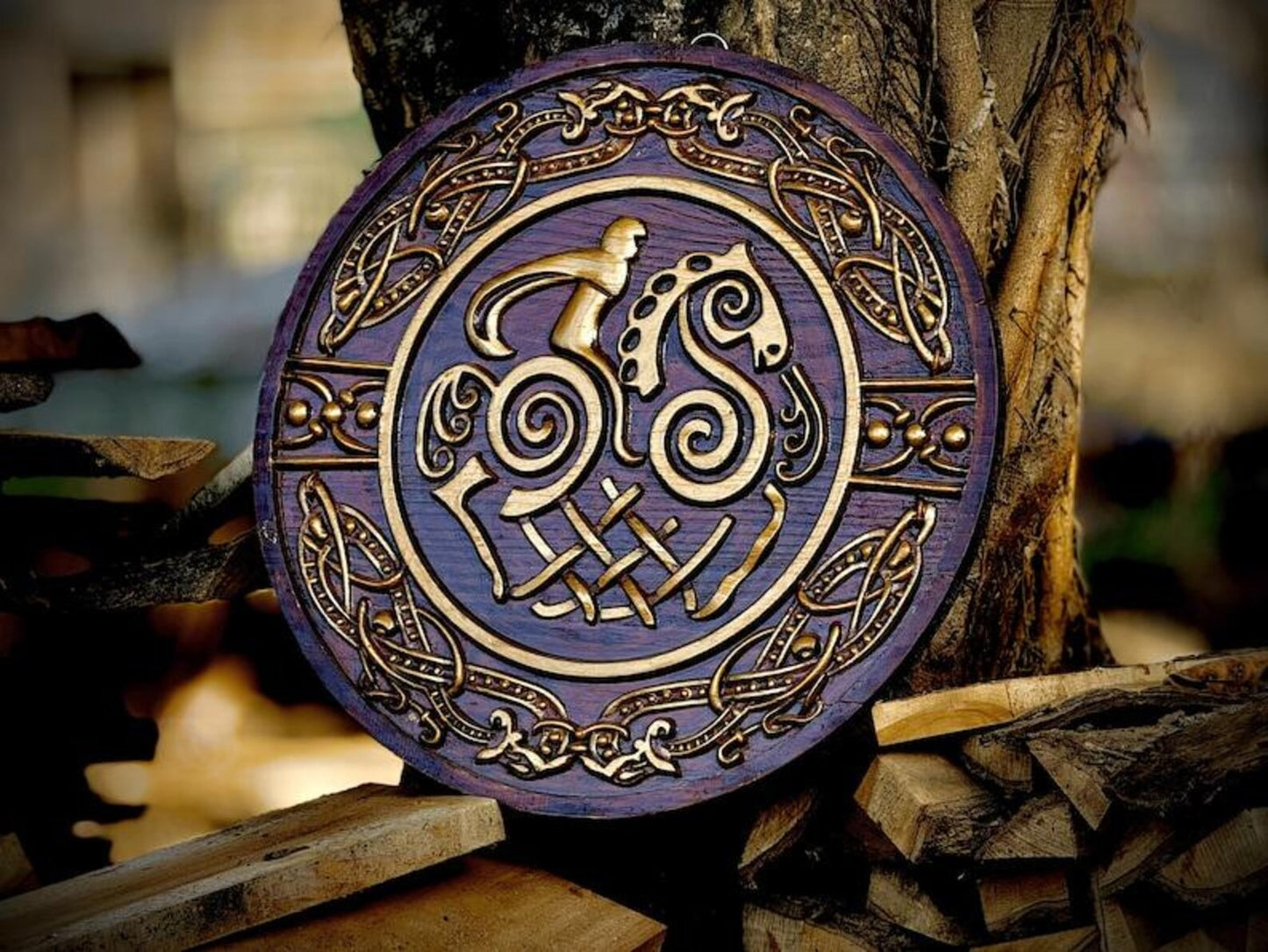 Hand-Carved Norse Wooden Shield Art