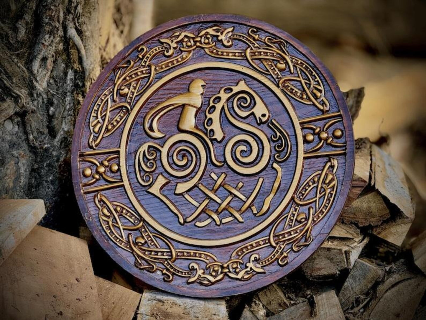 Hand-Carved Norse Wooden Shield Art