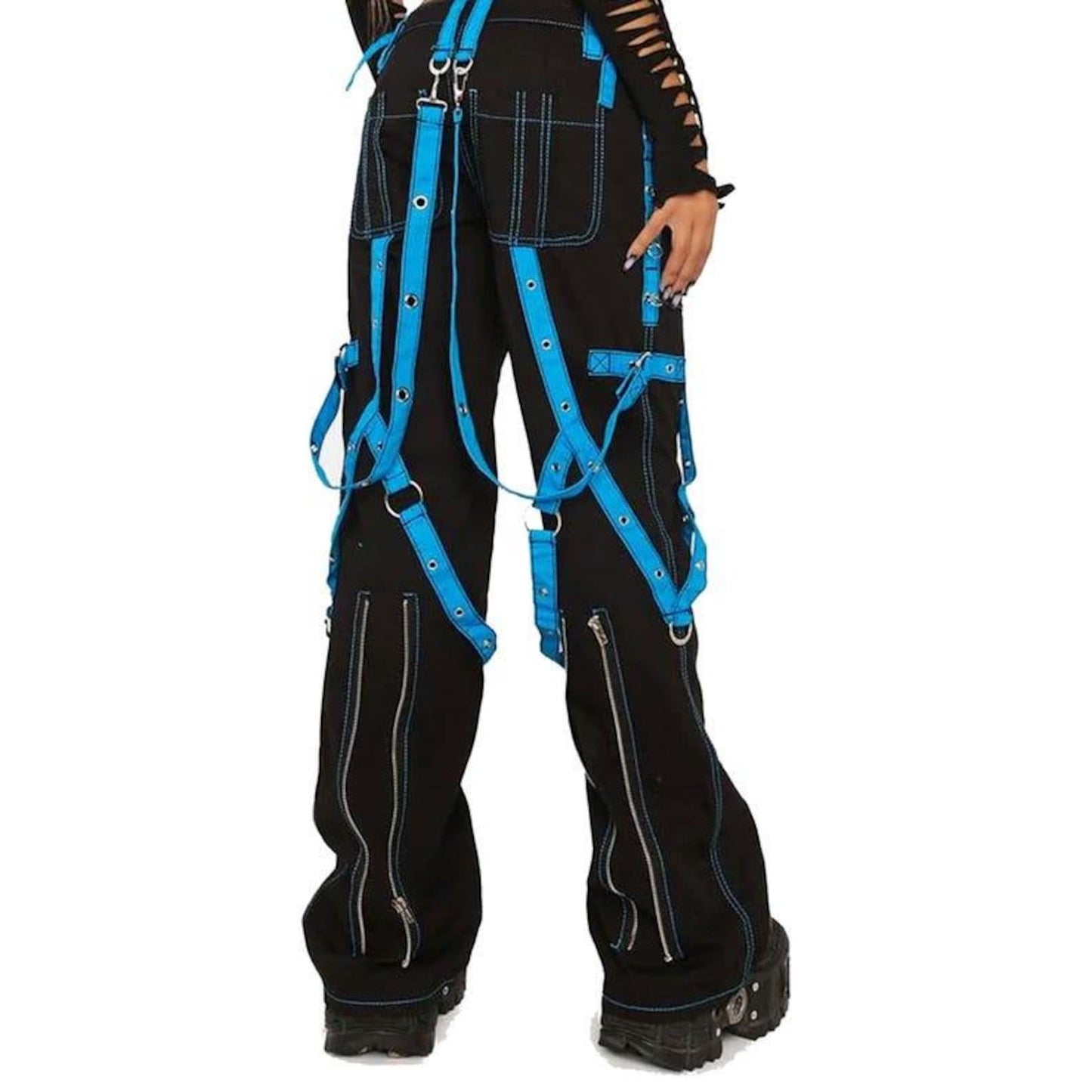 Gothic Bondage Pants Women | Black Cargo Pants Blue Straps | Alternative Streetwear | Punk Fashion | Gift For Her