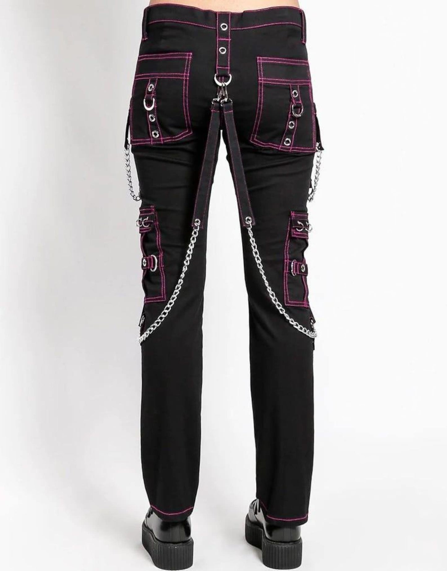 Gothic Cargo Pants: Black Punk Pants with Pink Straps & Chains