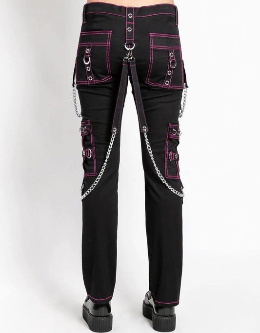 Gothic Cargo Pants: Black Punk Pants with Pink Straps & Chains