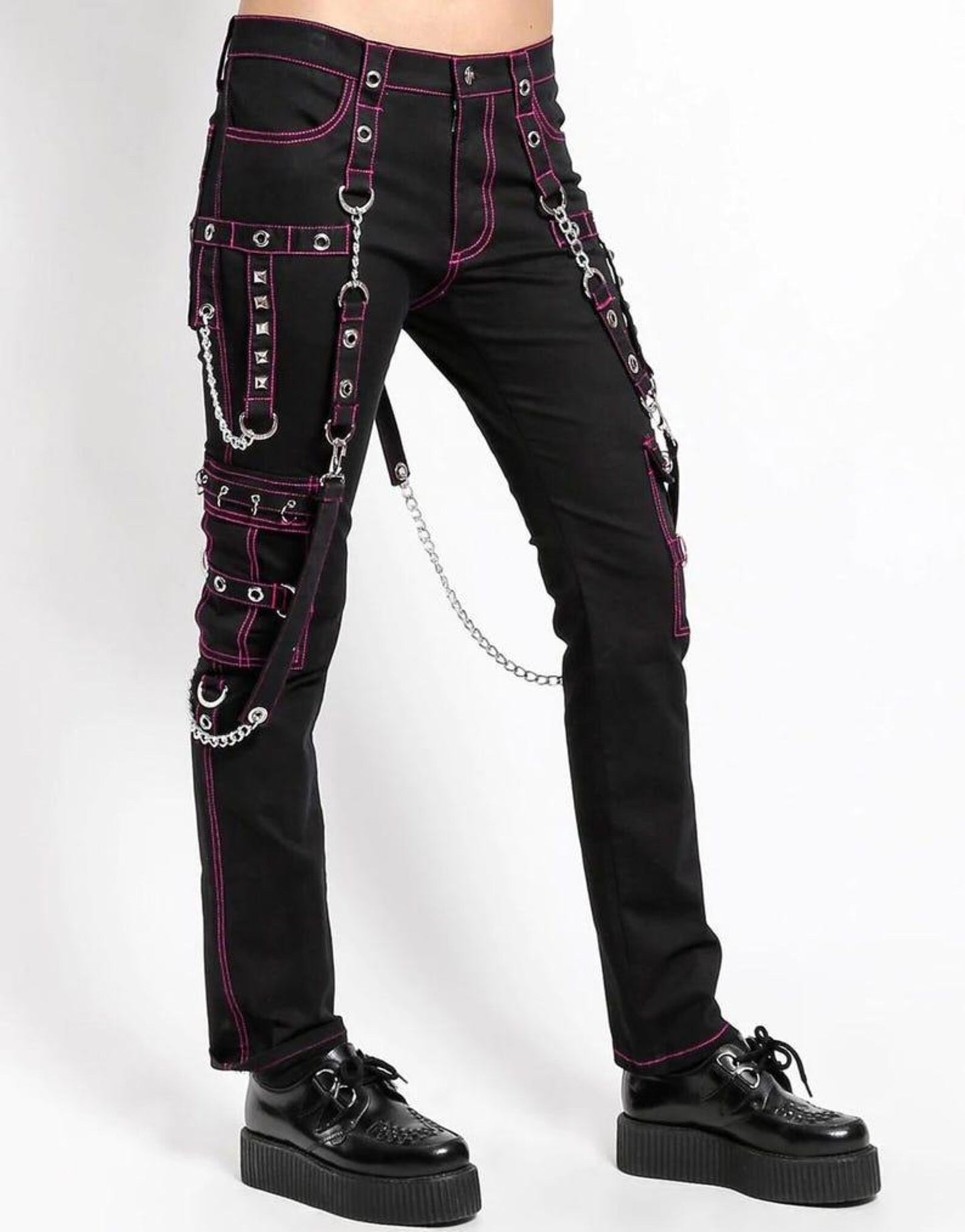 Gothic Cargo Pants: Black Punk Pants with Pink Straps & Chains
