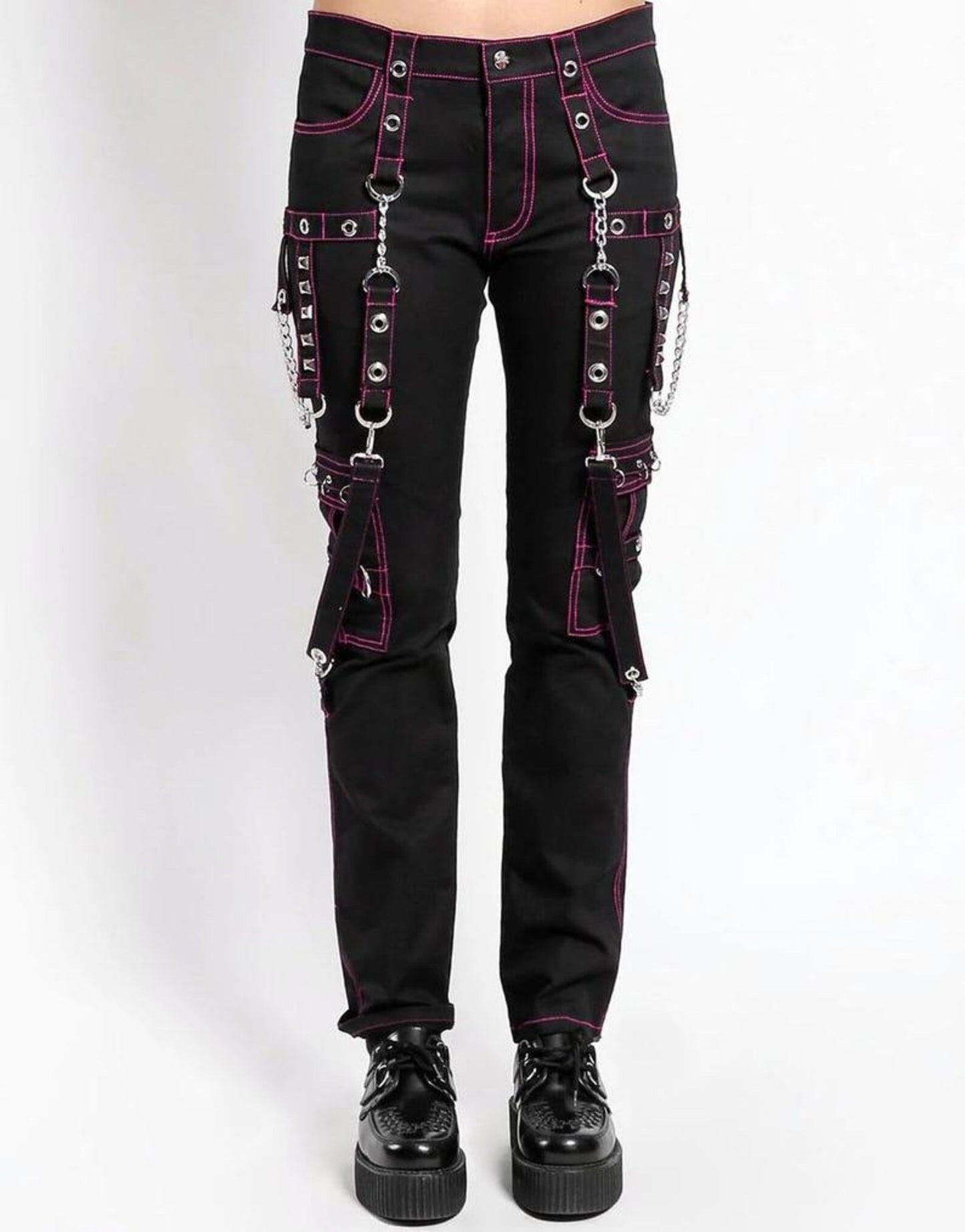 Gothic Cargo Pants: Black Punk Pants with Pink Straps & Chains